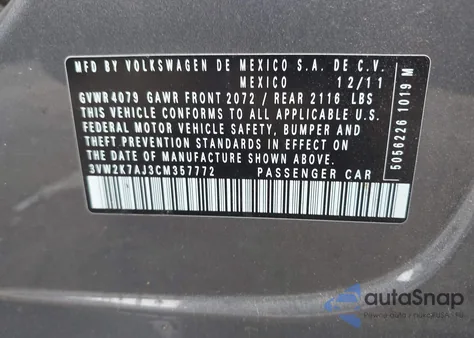 2012 Volkswagen Jetta 2.0L S from USA, damaged, VIN 3VW2K7AJ3CM357772